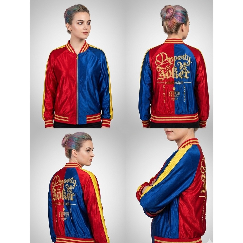 Hot Topic Suicide Squad Harley Quinn Bomber Jacket Unisex 3 Red Blue Zip grudge
